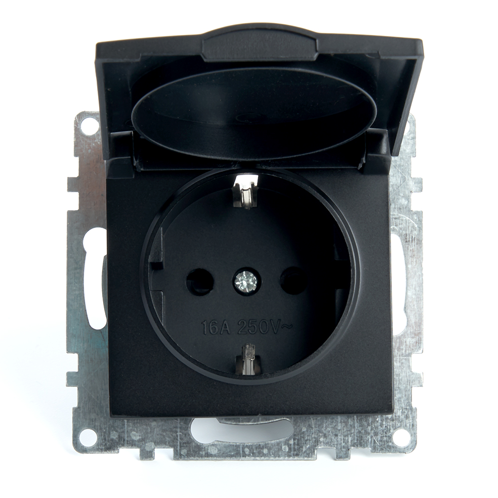 Розетка 1-местная с крышкой с защ. штор (механизм) с/з, STEKKER серия Катрин, GLS16-7112-05, черн - изображение №1